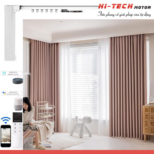Rèm vải tự động đẹp RV12 | Vải Hàn Quốc | Động cơ rèm IH80 Pro Wifi
